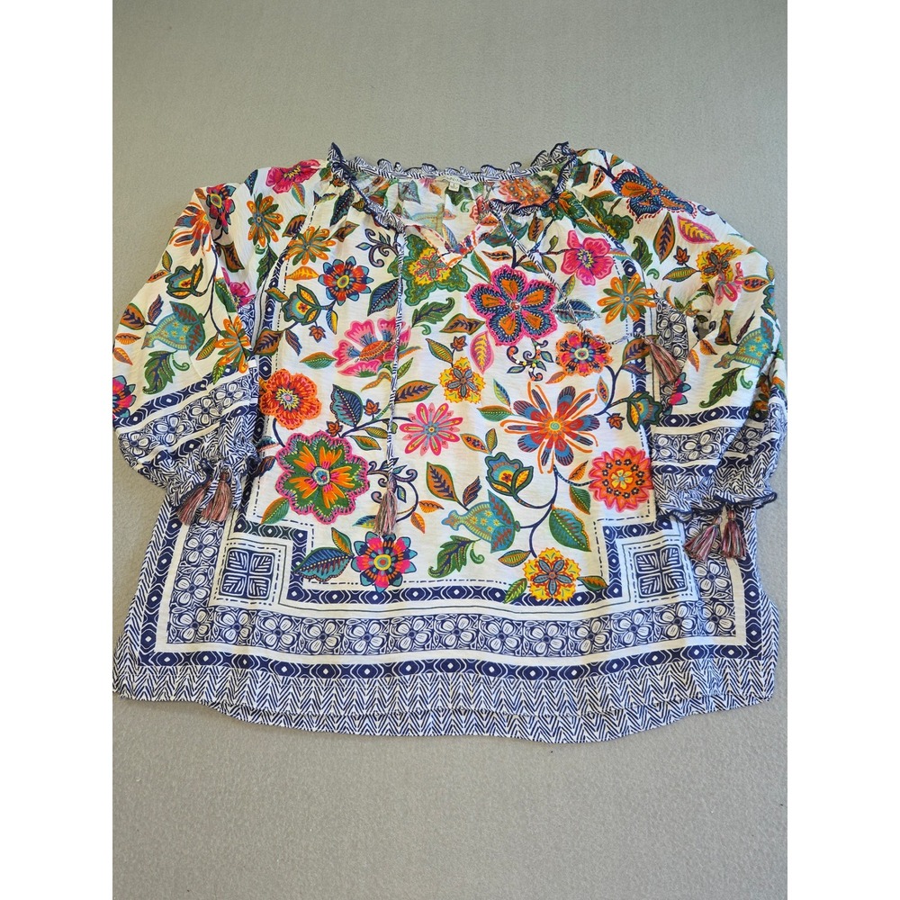 John Mark Blouse Womens Large Multicolor Floral Embroidered Tassel Peasant Top